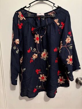Navy Embroidered Tie-Neck Peasant Blouse by